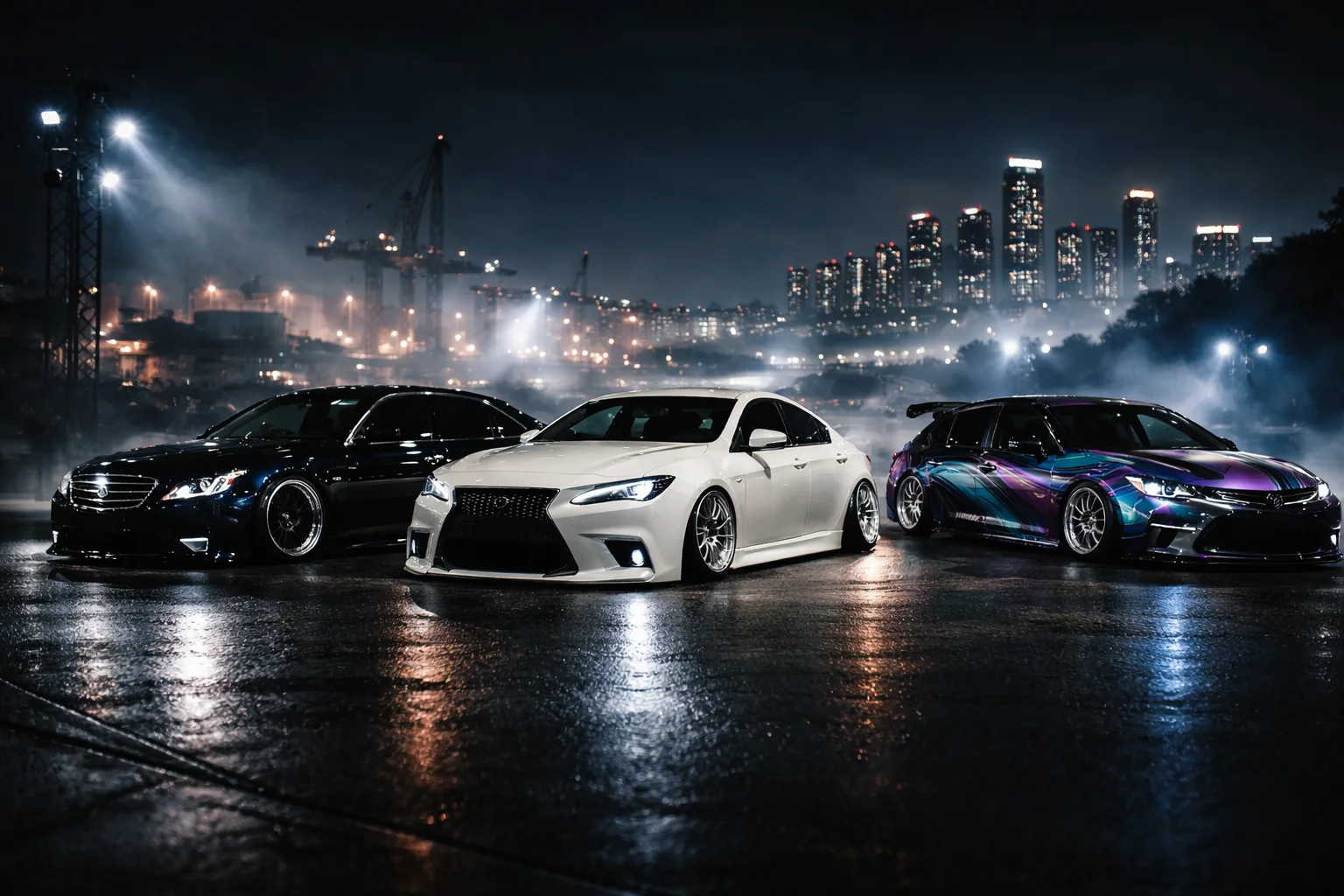 夜の湾岸エリアで行われるカスタムカー展示会の会場の雰囲気